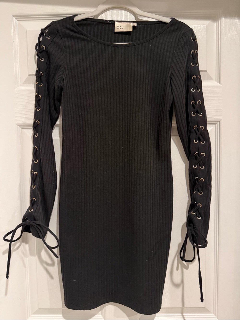 Black Ribbed Lace-Up Long Sleeve Bodycon Dress